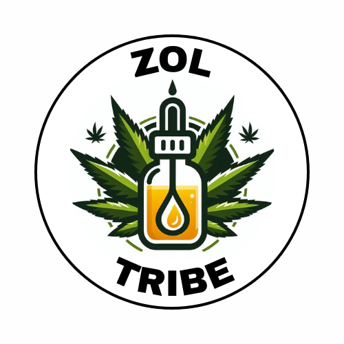 green hemp leaf behind tincture with yellow oil inside, the word zol above and tribe below